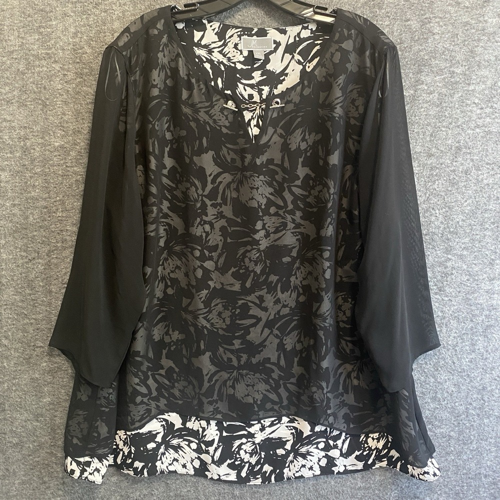 JM Collection Top‎ Womens XXL Black White Floral Sheer Overlay Popover Mature